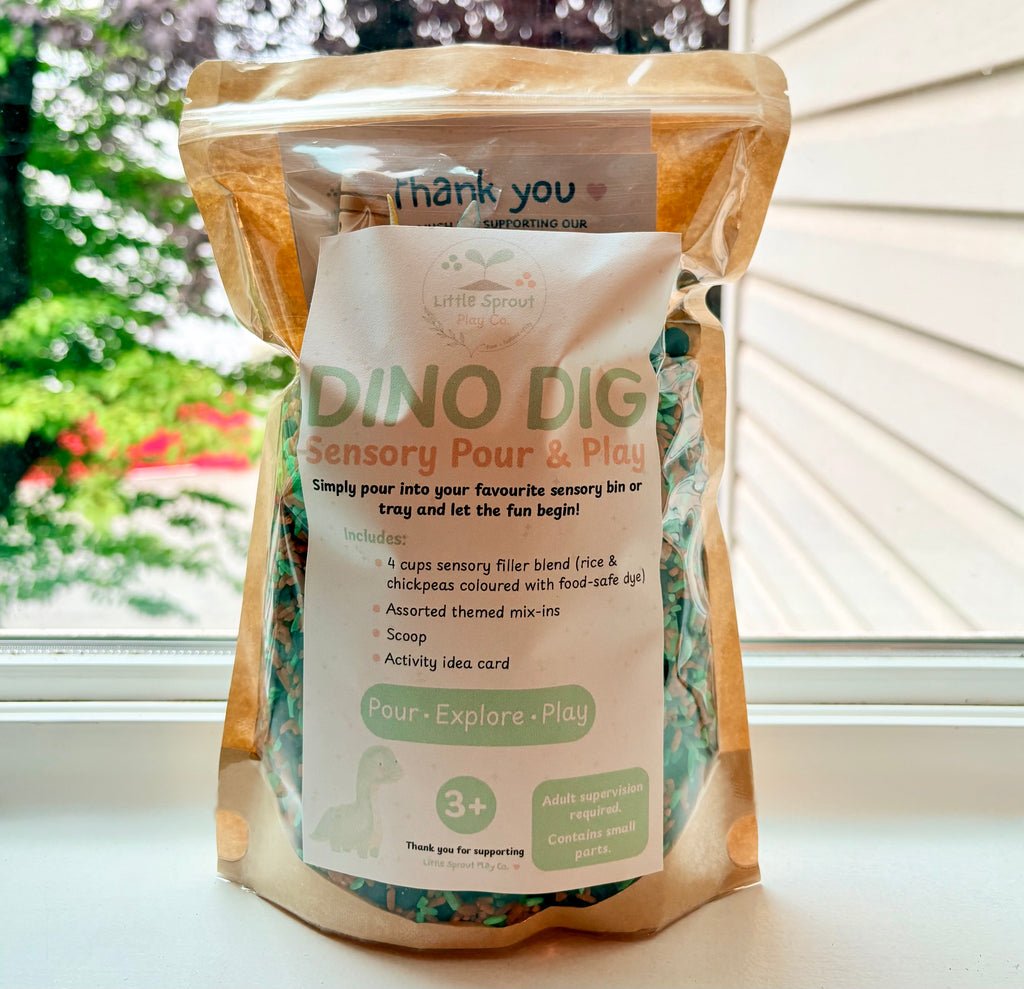 Dino Dig ready-to-pour dinosaur sensory play kit in a resealable bag